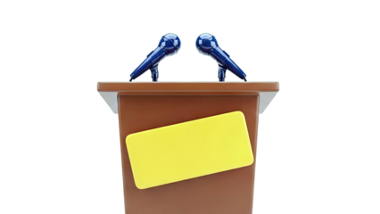 Podium with two microphones and a blank yellow sign
