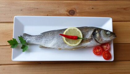 A whole fish on a white plate is garnished with a lemon slice, green herbs, and red peppers, presented on a wooden surface
