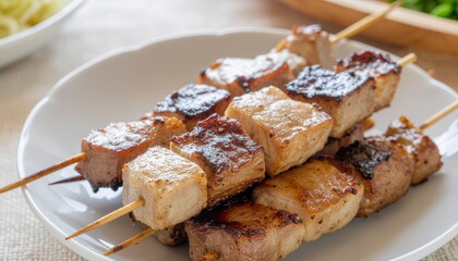 Skewered food items are stacked on a white plate with visible green herbs in the background and a wooden utensil