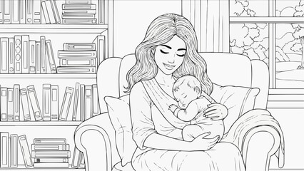 Children's coloring book - Mother holding sleeping baby in an armchair by bookshelf indoors  