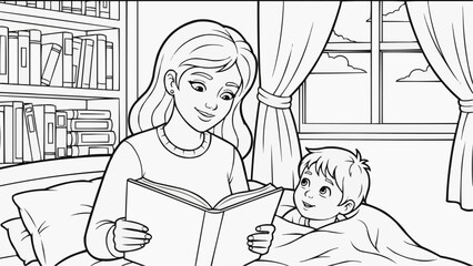 Children's coloring book - Woman reading a book to a young boy in a cozy bedroom  