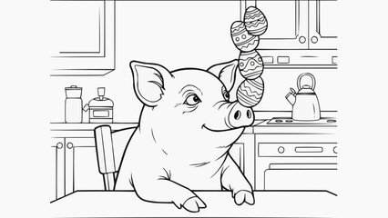 Children's coloring book - Cartoon pig balances Easter eggs on his nose against the background of the kitchen