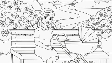 Children's coloring book - Woman sitting on bench with stroller in park surrounded by flowers  