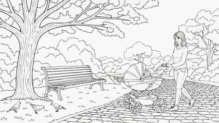 Children's coloring book - Woman pushing stroller while walking in park with trees and bench  