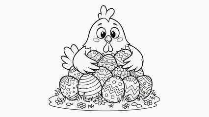 Children's coloring book - Cartoon chicken with Easter eggs on grass in black and white  