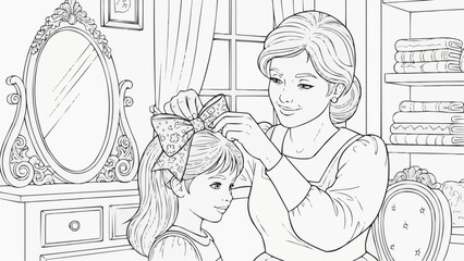 Children's coloring book - Mother styling daughter's hair with a bow in a bright bedroom  