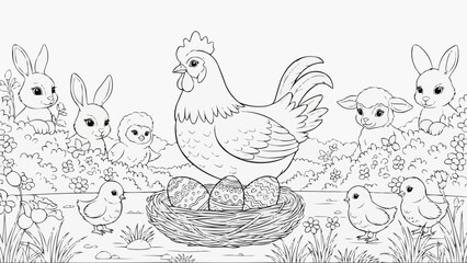 Children's coloring book - Chicken sitting on eggs surrounded by bunnies and chicks in garden  