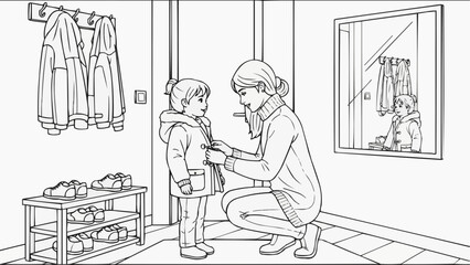 Children's coloring book - Mother helping child wear coat in hallway by mirror  