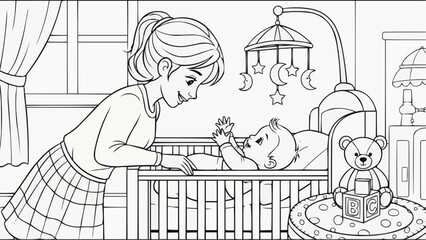 Children's coloring book - Mother smiling at baby in crib during playful interaction indoors  