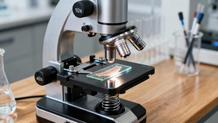 Silver compound microscope focused on a tissue sample mounted on a glass slide in a modern science laboratory setting.