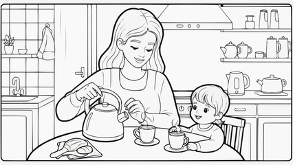 Children's coloring book - Mother pouring tea for her smiling toddler in a cozy kitchen  