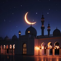 Serene Ramadan Night &ndash; Crescent Moon, Glowing Lanterns & Sacred Islamic Ambience