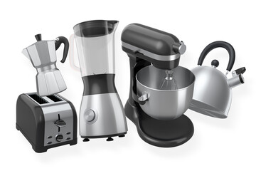 Collection of kitchen appliances including blender, toaster, mixer, moka pot, and kettle isolated on white background