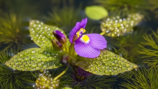 Close-up of Utricularia purpurea, the Purple Bladderwort, in its natural habitat.