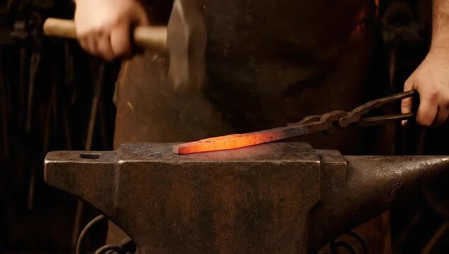 Blacksmith forging metal on an anvil with hammer and tongs.