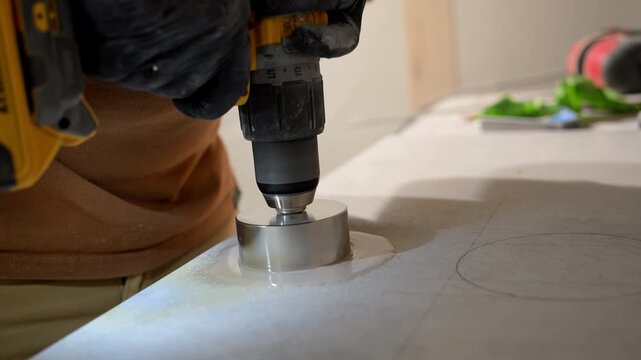 Close-up of a construction worker drilling hole in a tile or solid surface using a power drill. installation work, material preparation, and renovation accuracy.