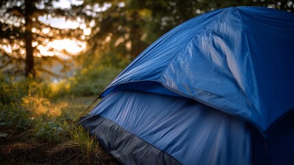 A blue camping tent is pitched in a sunlit forest clearing during golden hour