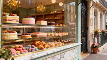 Ornate bakery window display showcasing tiered fruit cakes, colorful French macarons, and fresh golden croissants on a white marble countertop.