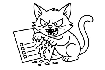 Cat is eating a piece of paper with a check on it. The cat is angry and is biting the paper