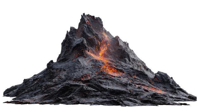 Jagged, fiery mountain peak with glowing molten rock on dark, textured slopes