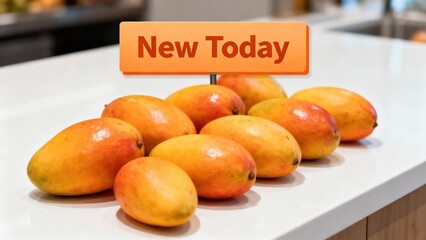 Ripe yellow and orange mango fruits displayed on a modern kitchen counter beneath an informational orange sign stating 'New Today'.