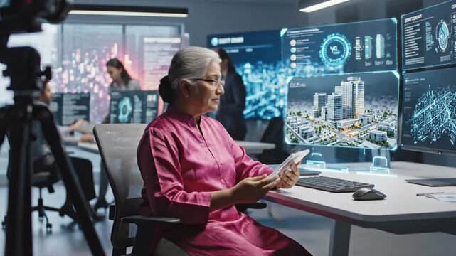 Elderly woman analyzing complex data on multiple computer screens in a futuristic office setting with a camera recording her actions