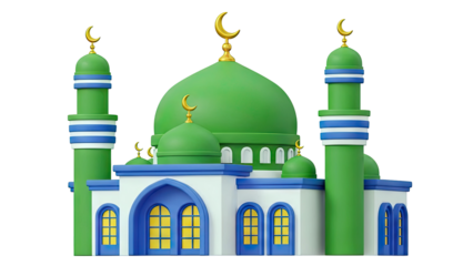 3D Cartoon Mosque with Green Domes and Minarets