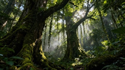 Fototapeta premium Sunlight rays penetrate humid rainforest canopy, illuminating moss covered ancient tree trunks and hanging vines.