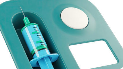 Close-up of a medical syringe in a turquoise container