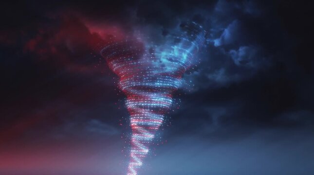 A dramatic depiction of a digital tornado swirling through a dark sky.
