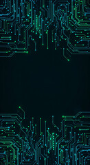 Cyberpunk Glow Circuit Board Background with Blue and Green Neon Digital Microchip Lines