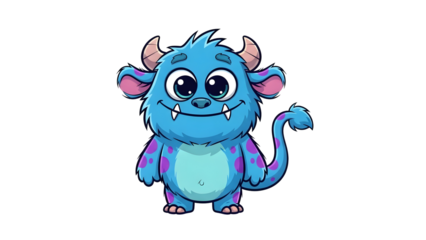 Smiling blue cartoon monster isolated on transparent background