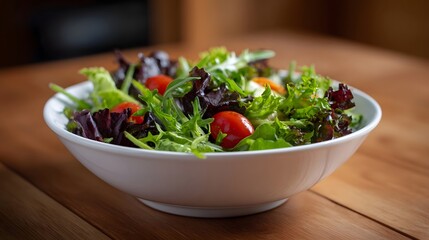 A vibrant fresh mixed green salad with cherry tomatoes in a white bowl on a textured wooden table