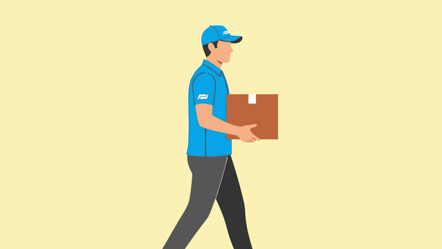 Delivery man walking with package, courier service, logistics, shipping, flat design