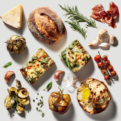 Top View Flat Lay of Mediterranean Food Ingredients and Baked Dishes.