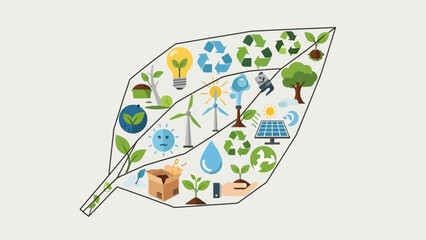 Eco-friendly leaf concept with renewable energy and recycling icons