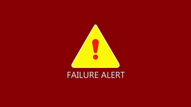 Yellow failure alert triangle with exclamation mark and text Failure Alert 4k animation video on red background.