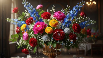 beautiful bouquet of colorful flowers in a vase on a table indoors