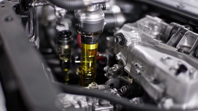 Close-up of a car engine with fluid components