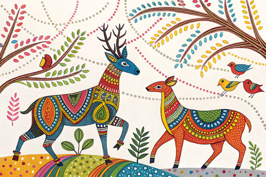 Gond tribal art-inspired hand painting, colorful animals with intricate dot work