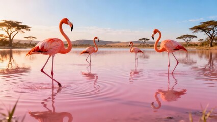 Four pink flamingos wade through vibrant magenta water reflecting golden sunset light on the African savanna.