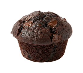 Delicious chocolate muffin with melted chocolate chips isolated on transparent background