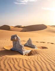 Ancient ruins, half-buried in a vast sand desert under a sunny sky