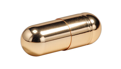 Gleaming, reflective gold capsule on a stark black background, isolated