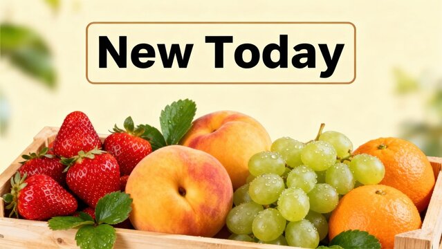 Colorful display of ripe strawberries, fuzzy peaches, green seedless grapes, and oranges in a wooden crate below a promotional 'New Today' banner.
