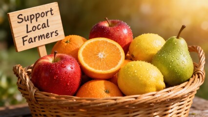Woven basket containing wet assorted fresh fruits including red apples, bright yellow lemons, and a green pear, promoting local farmers support outdoors.