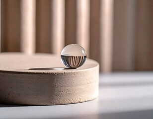 Glass sphere on concrete platform, reflecting lines. Beige background