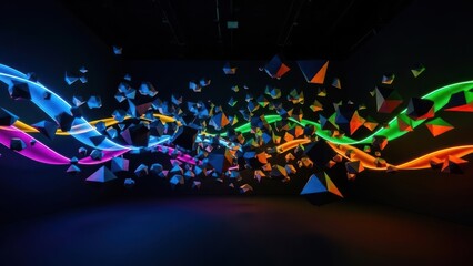 Dark room with floating geometric forms and vibrant, glowing light trails