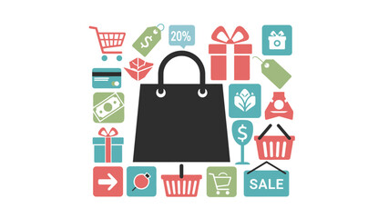 Shopping Bag with Icons: Sale, Discounts, Gifts, Credit Card, Money, Cart © Anak