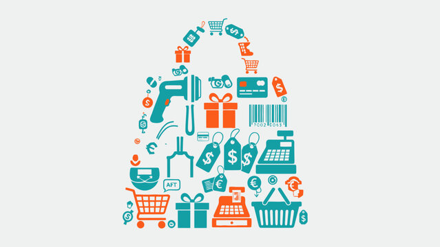 Shopping Bag Filled With Icons: Retail, Commerce, and Consumerism Concept